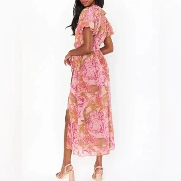 Show Me Your MuMu Verity Midi Dress Chiffon Garden Floral Pink Wedding Resort - Picture 2 of 16